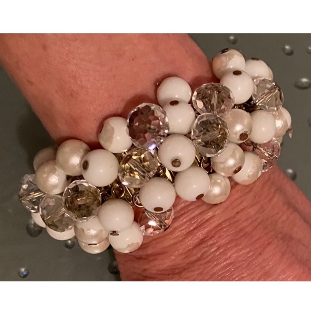Crystal & White Beaded Cluster 1” Wide Stretch Bracelet SUPER STATEMENT PIECE